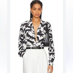 Anine bing mylah silk shirt in panther quiet luxury old money classic revolve